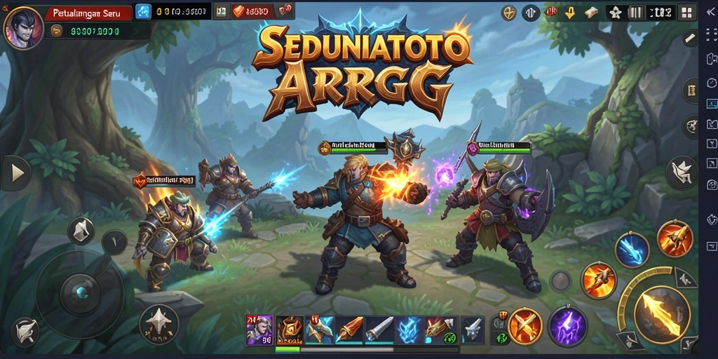 Screenshot gameplay SEDUNIATOTO memperlihatkan pertarungan seru dan karakter yang berwarna.