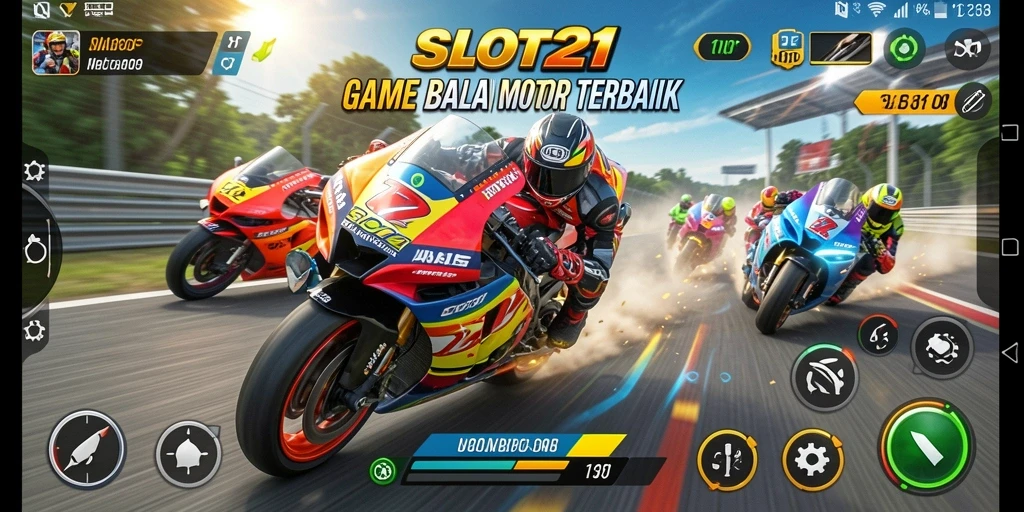 Tampilan gameplay SLOT21 dengan balapan motor yang seru.